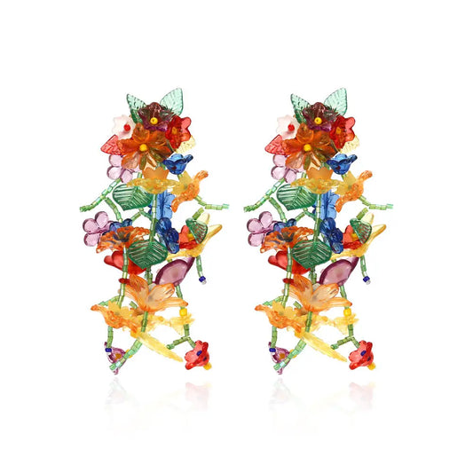 BEADED LONG FLOWER EARRINGS