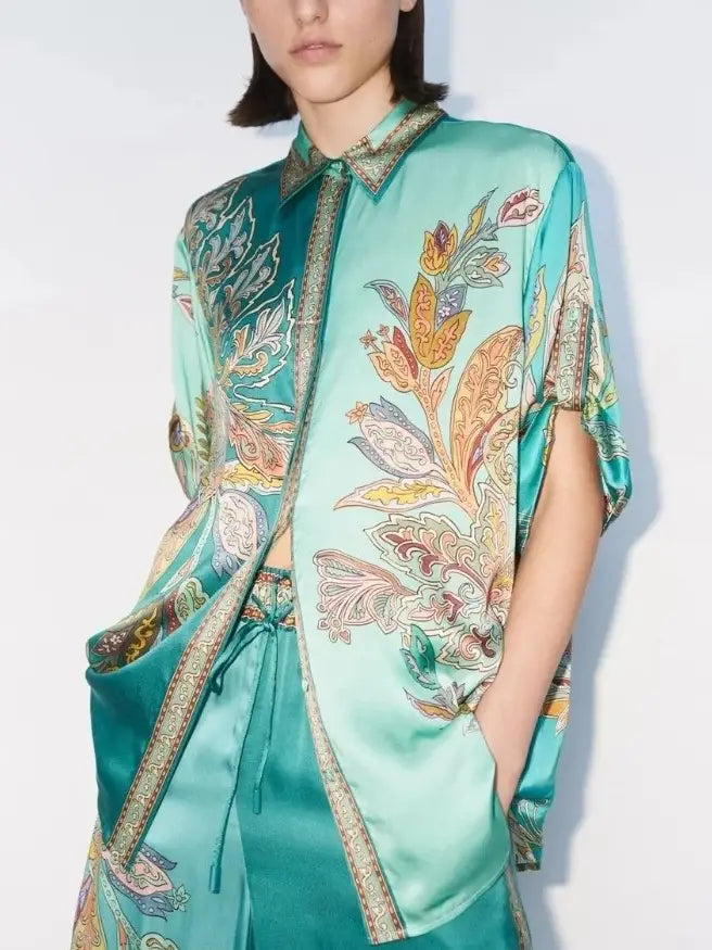 DAZZLING SATIN FLOWER TOP & PANTS SET