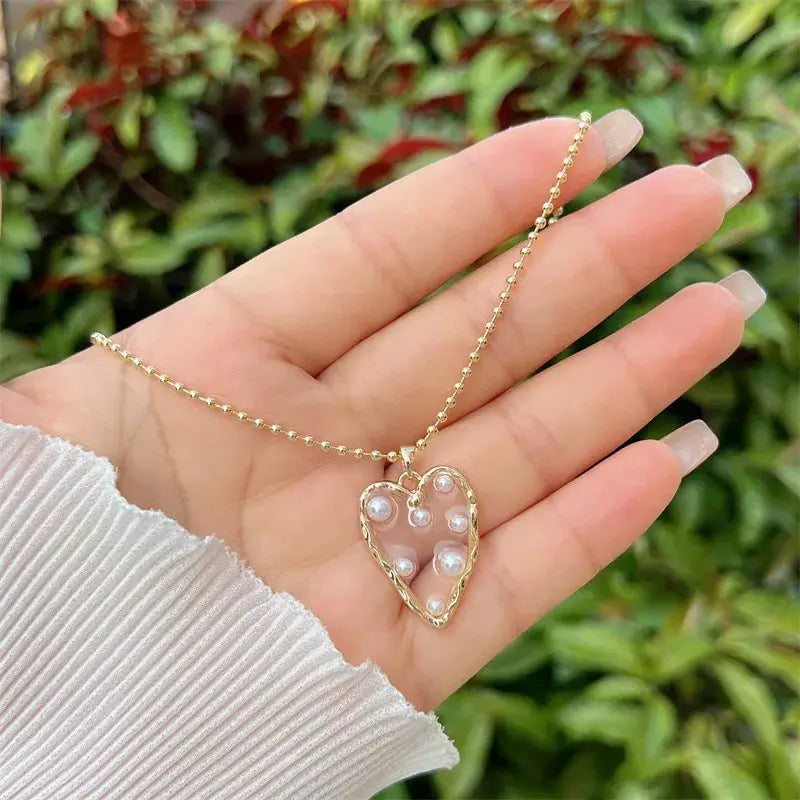 Gold Beaded Pearl Necklace with Heart or Star Pendant