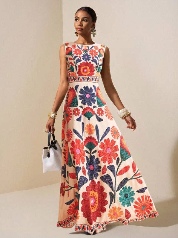 New Bohemian Tropical Print Maxi Dress