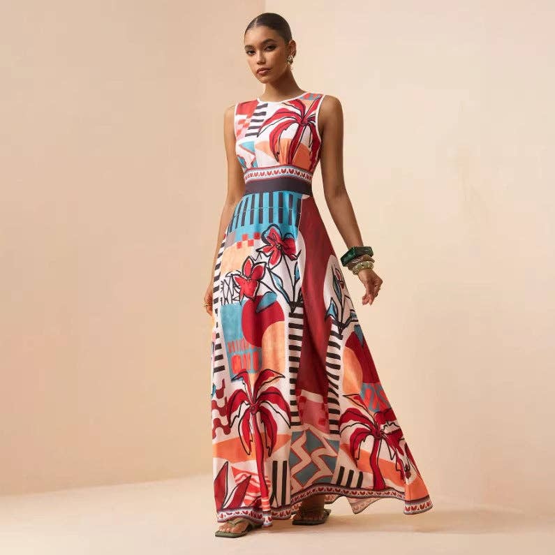 New Bohemian Tropical Print Maxi Dress