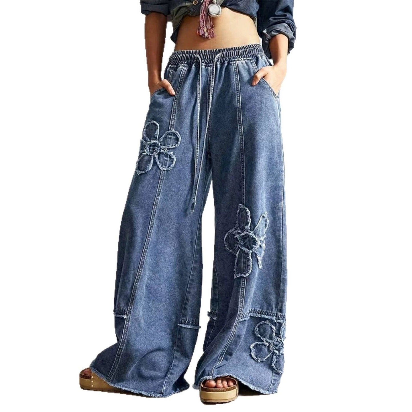 Vintage Boho Floral Patch Wide Leg Denim Pants