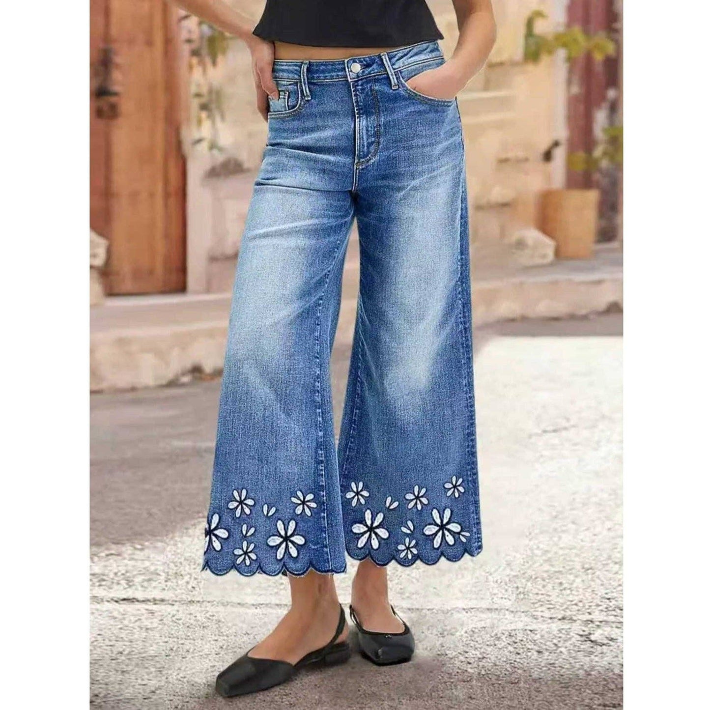 Boho Chic Floral Embroidered Wide Leg Jeans