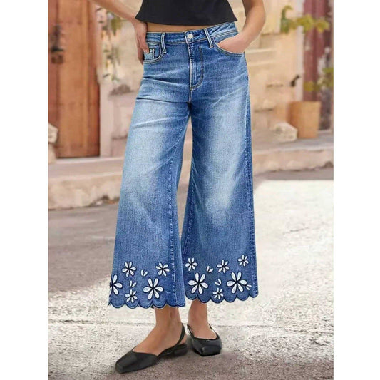 Boho Chic Floral Embroidered Wide Leg Jeans