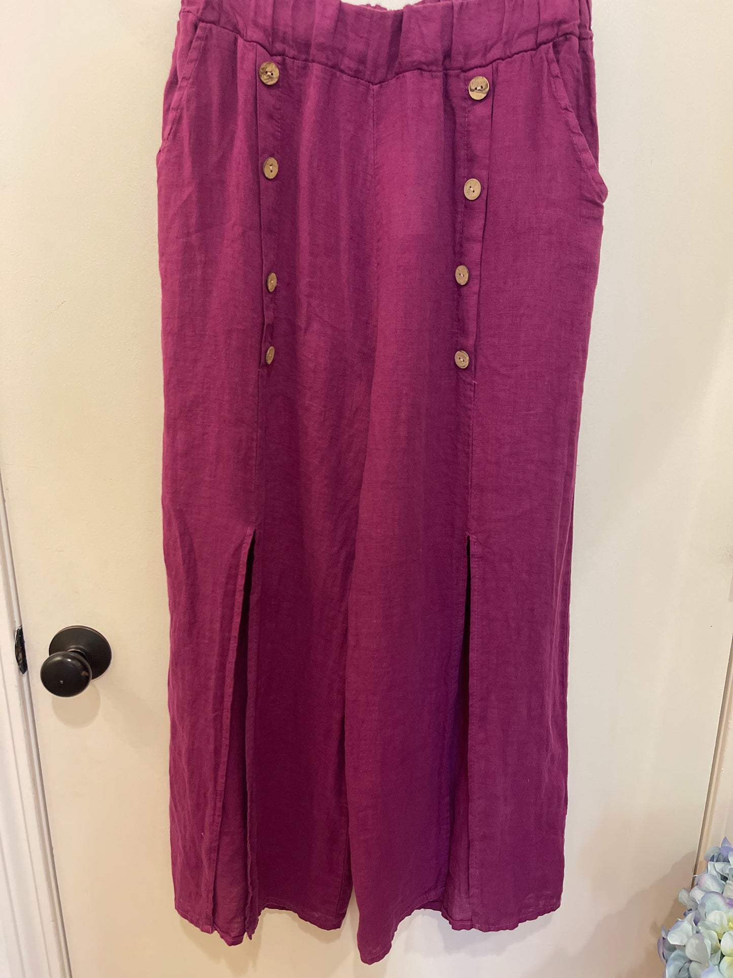 GRAPE LINEN SPLIT BUTTON PANTS