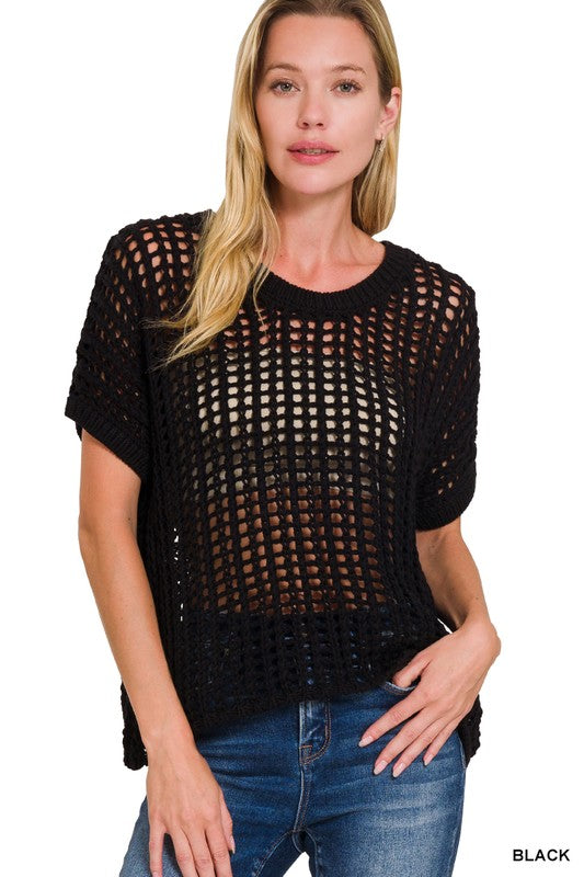 FISH NET SHORT SLEEVE CROCHET SWEATER
