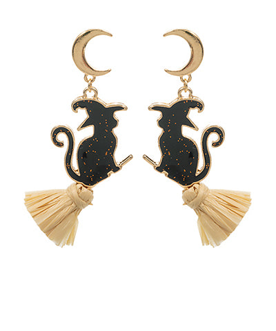 GLITTERY CAT ON BROOMSTICK EARRINGS