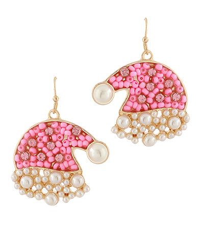 BEAD & PEARL CHRISTMAS HAT EARRINGS