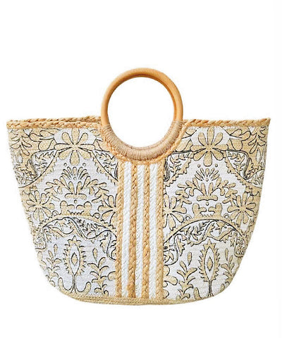 FLORAL TEXTURED JUTE TOTE BAG