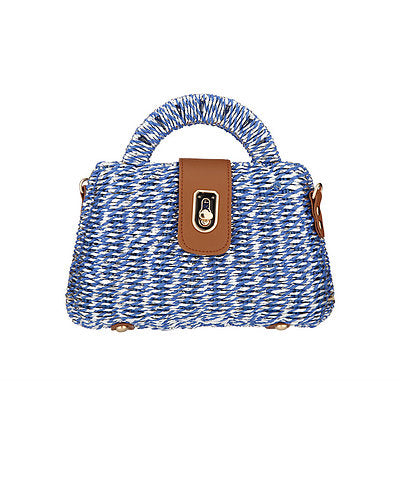 TRAPEZOID DENIM WICKER HANDBAG