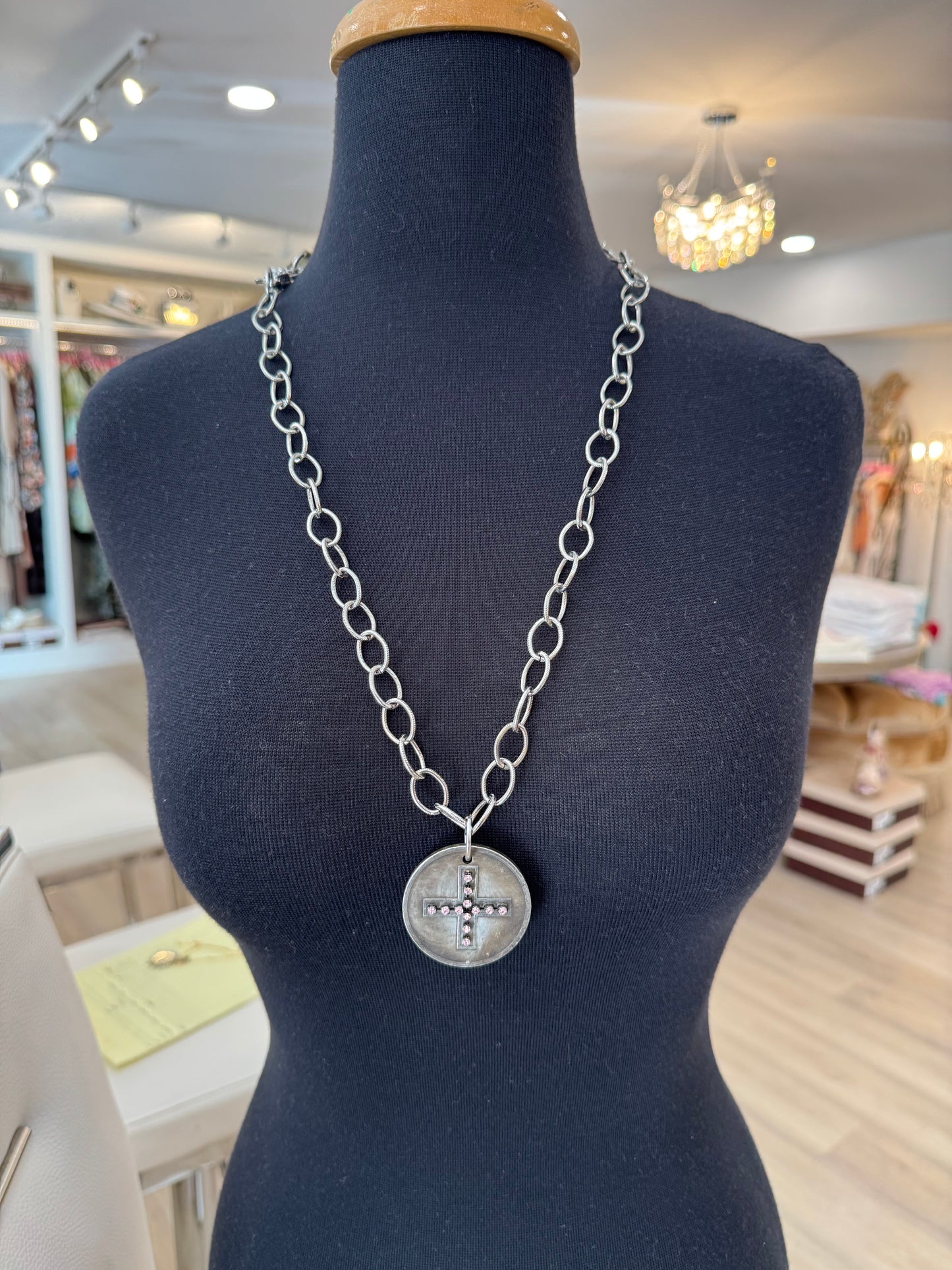 PINK CROSS COIN NECKLACE