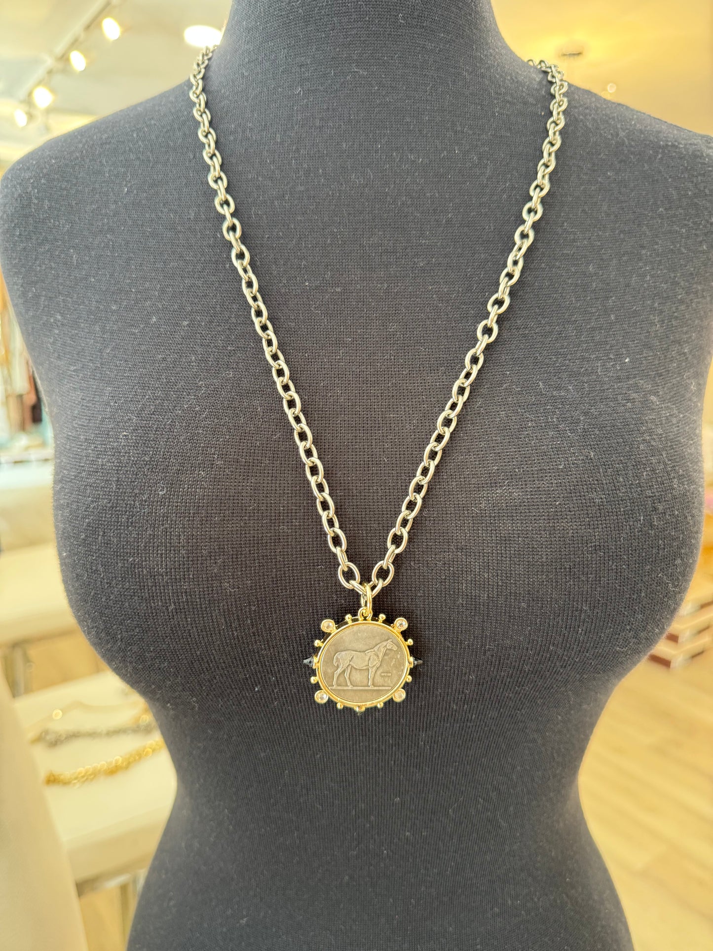 SILVER HORSE ONYX MEDALLION