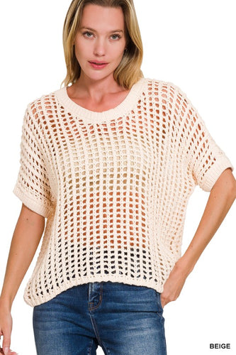 FISH NET SHORT SLEEVE CROCHET SWEATER