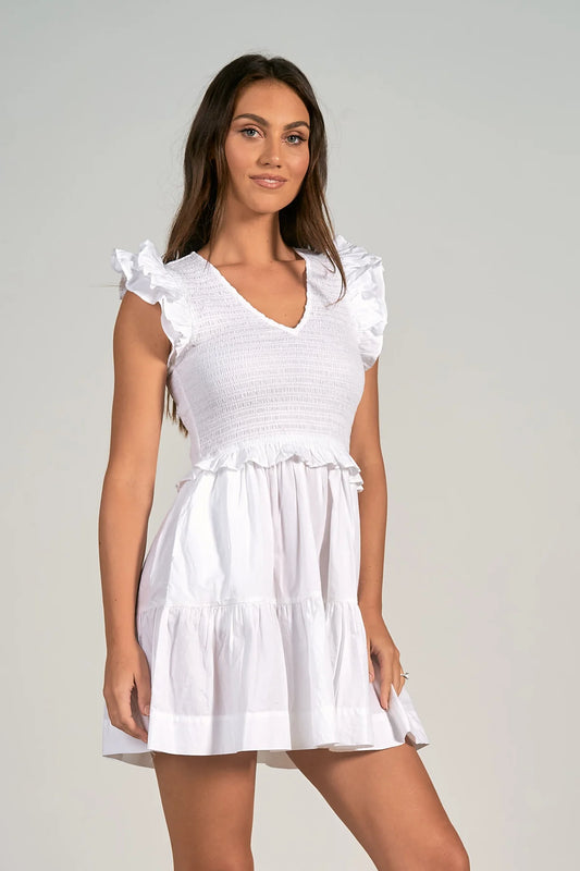 CONNIE'S WHITE RUFFLE SLEEVE MINI DRESS