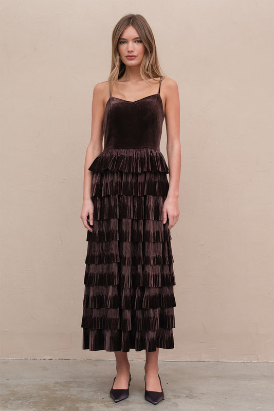 VELVET PLEATED TIER DRESS