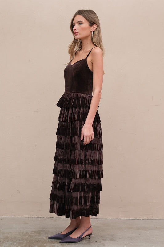 VELVET PLEATED TIER DRESS
