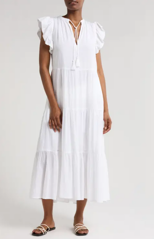 OLANDRIA'S WHITE RUFFLE SLEEVE MAXI DRESS