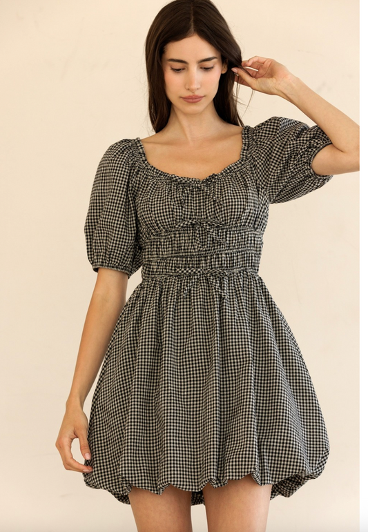 GINGHAM PUFF SLEEVE MINI DRESS