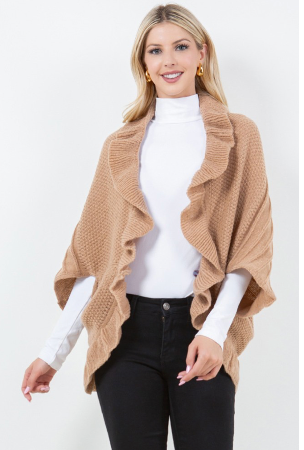 OPEN FRONT RUFFLE WRAP SWEATER