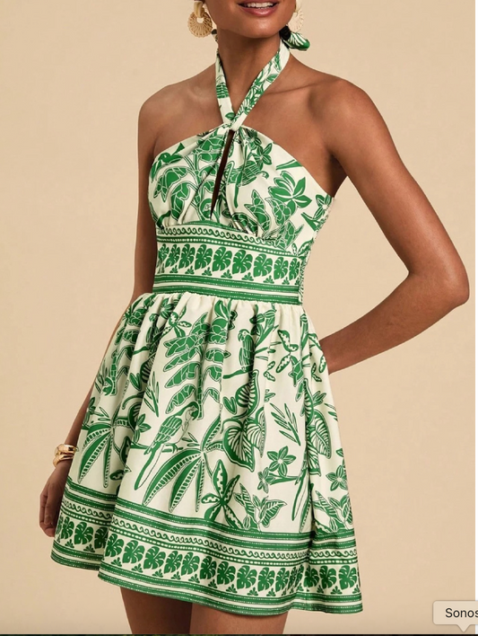 PALM TREES & PARROTS HALTER DRESS