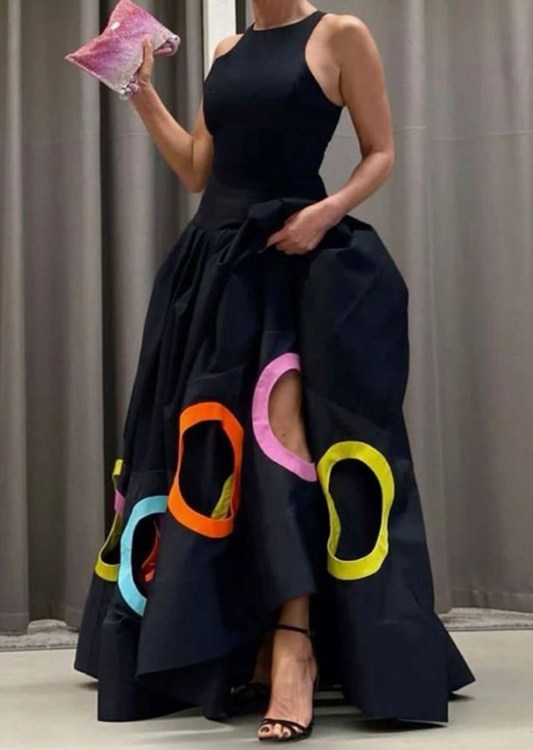 HOLLOW PLEATED SLEEVELESS ROUND-NECK MAXI DRESS