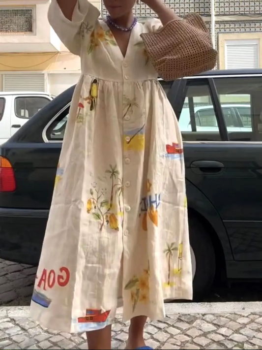 CUTE ISLAND PRINT V-NECK FLOW DRESS