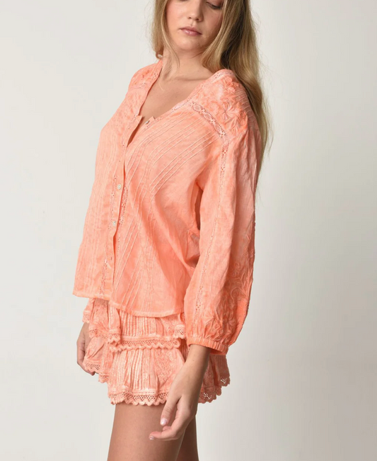 EMBROIDERED COTTON LACE TRIMMED TOP