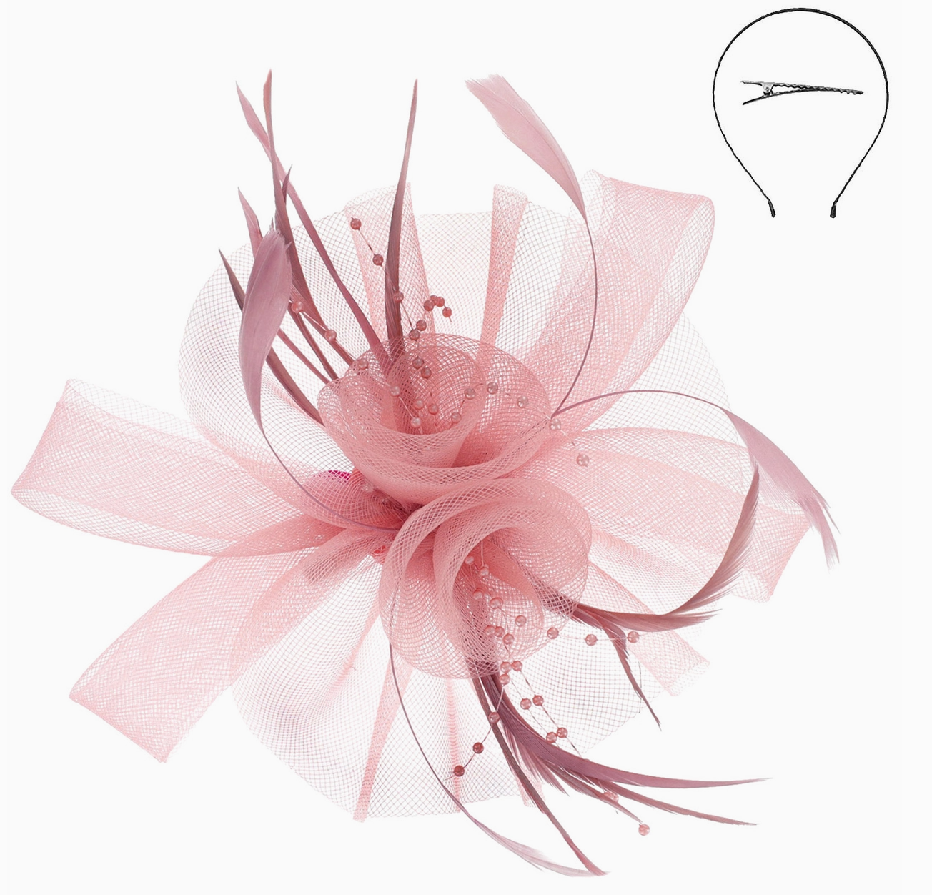 FEATHER & FLORAL MESH FASCINATOR HEADBAND/CLIP