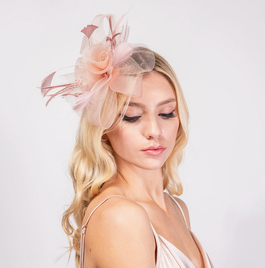 FEATHER & FLORAL MESH FASCINATOR HEADBAND/CLIP