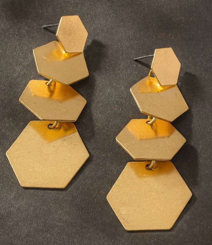 FOUR LINKED HEXAGON DROP EARRINGS
