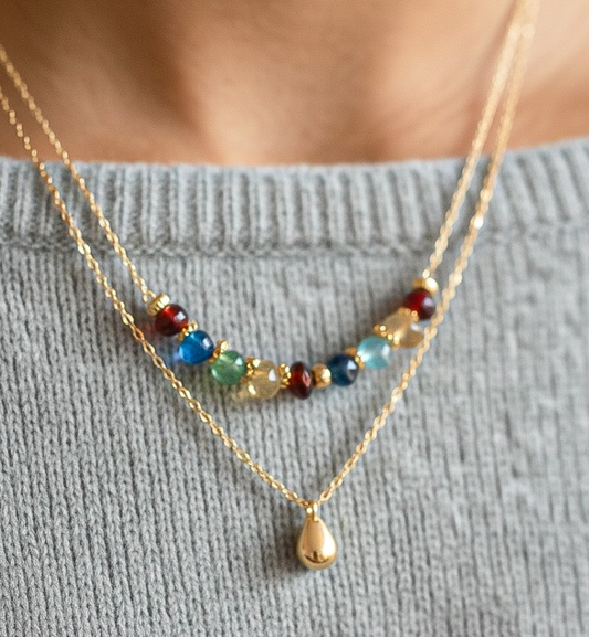 2 ROW MULTI COLOR GEM AND TEARDROP PENDANT NECKLACE