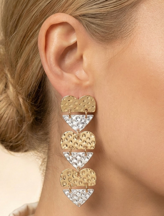 TWO TONE DANGLING HEARTS EARRINGS