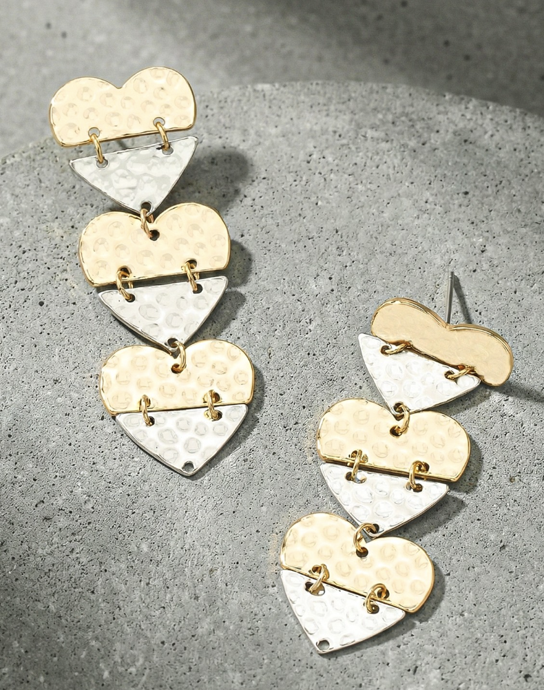 TWO TONE DANGLING HEARTS EARRINGS