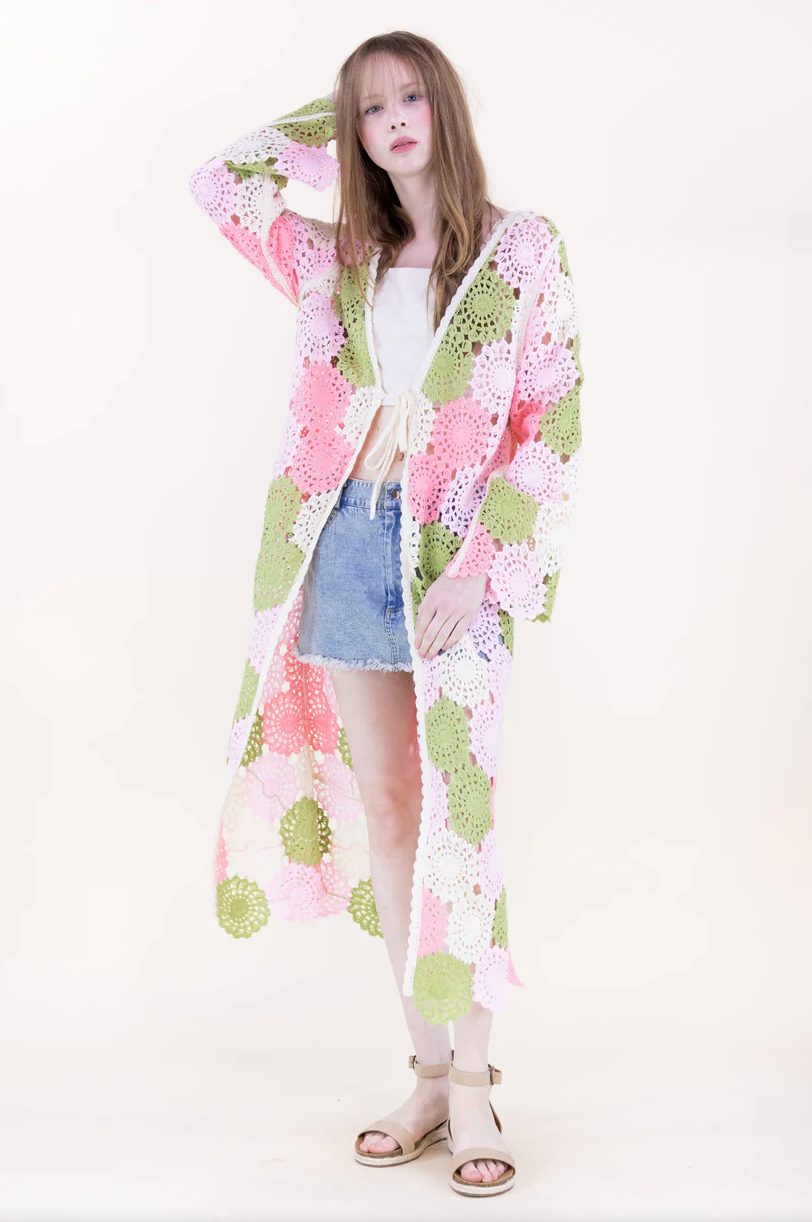 DOILY PINK AND GREEN LONG CARDIGAN