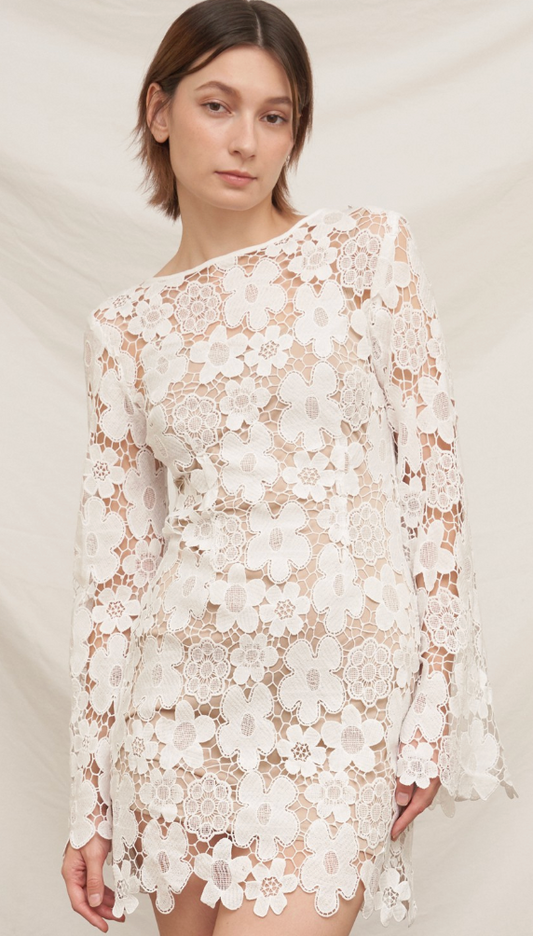 FLORAL LACE BELL SLEEVE MINI DRESS