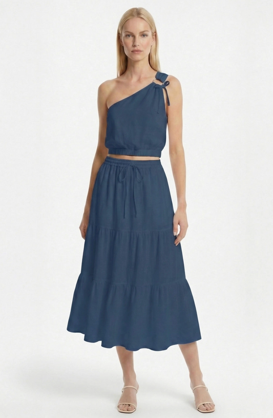 DENIM RING TIE ONE SHOULDER TOP