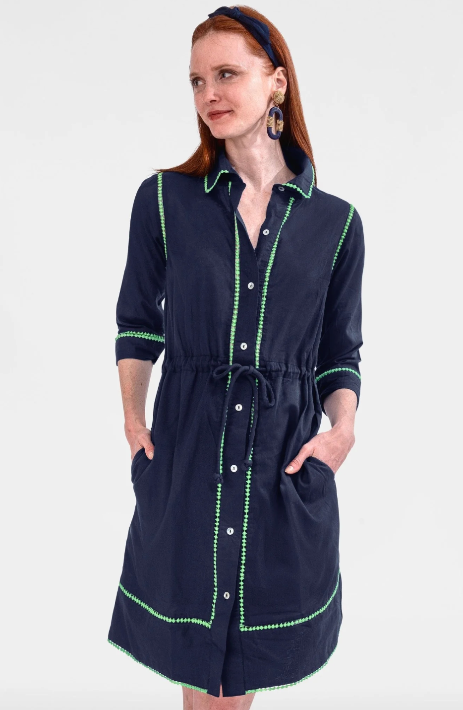 GLANCE MAVY GREEN TRIM DRESS
