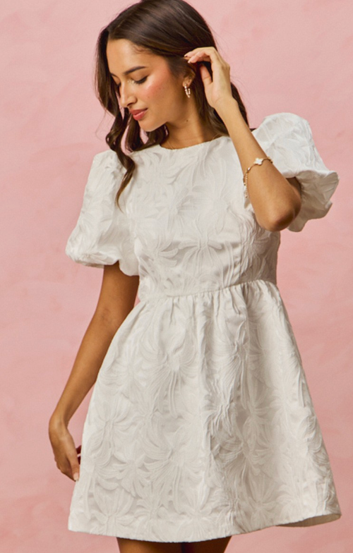 FLORAL JACQUARD BUBBLE SLEEVE DRESS