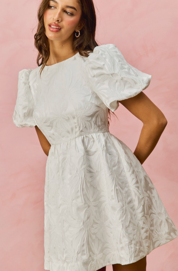 FLORAL JACQUARD BUBBLE SLEEVE DRESS