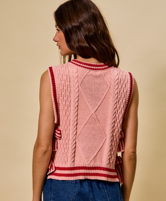 CABLE KNIT V-NECK RIBBON TIE TOP
