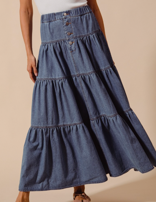 DENIM BLOCK MAXI SKIRT
