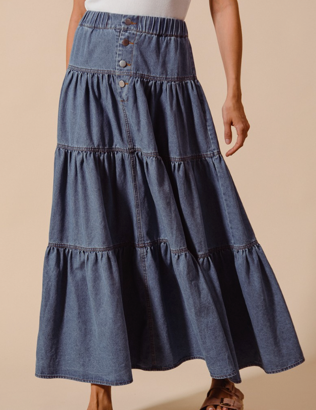 DENIM BLOCK MAXI SKIRT