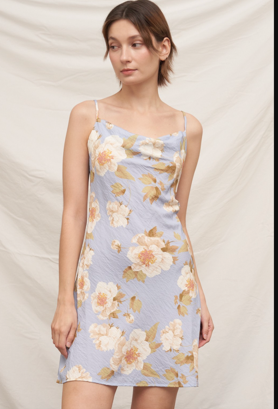 PERIWINKLE GARDEN COWL NECK SHORT DRESS