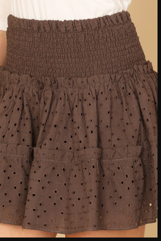 SHIRRED EYELET RUFFLE MINI SKIRT