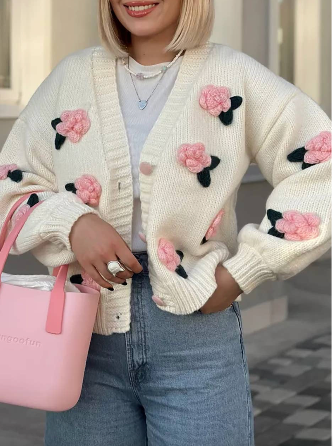 ROSE IN 3D CARDIGAN SWEATER