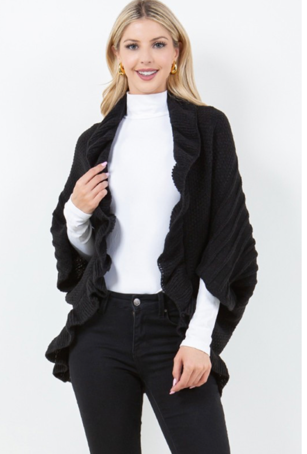 OPEN FRONT RUFFLE WRAP SWEATER