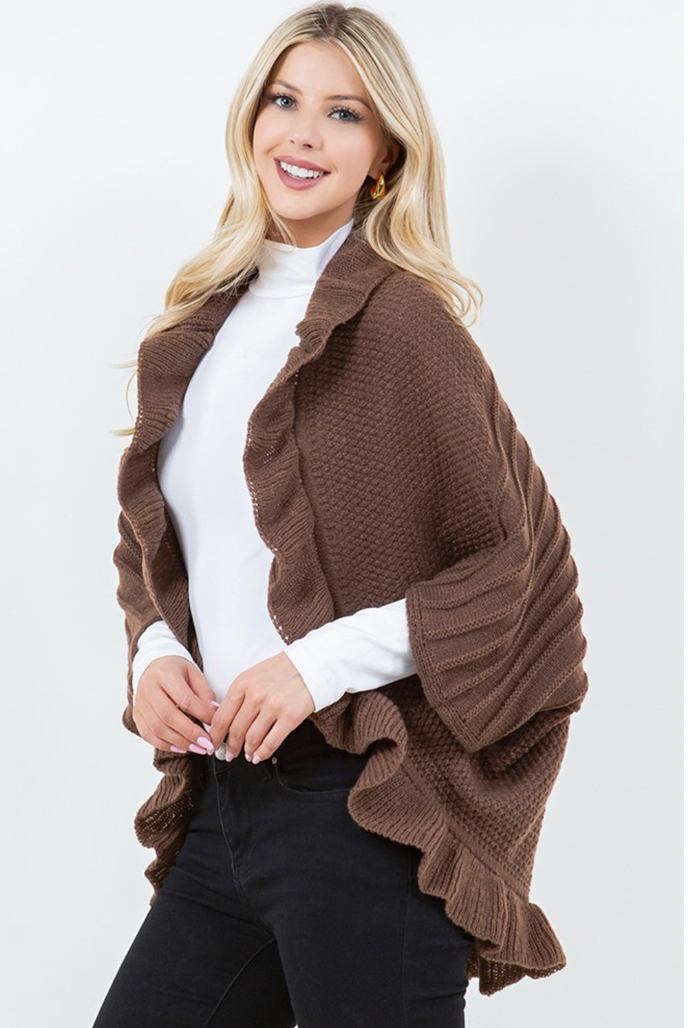 OPEN FRONT RUFFLE WRAP SWEATER