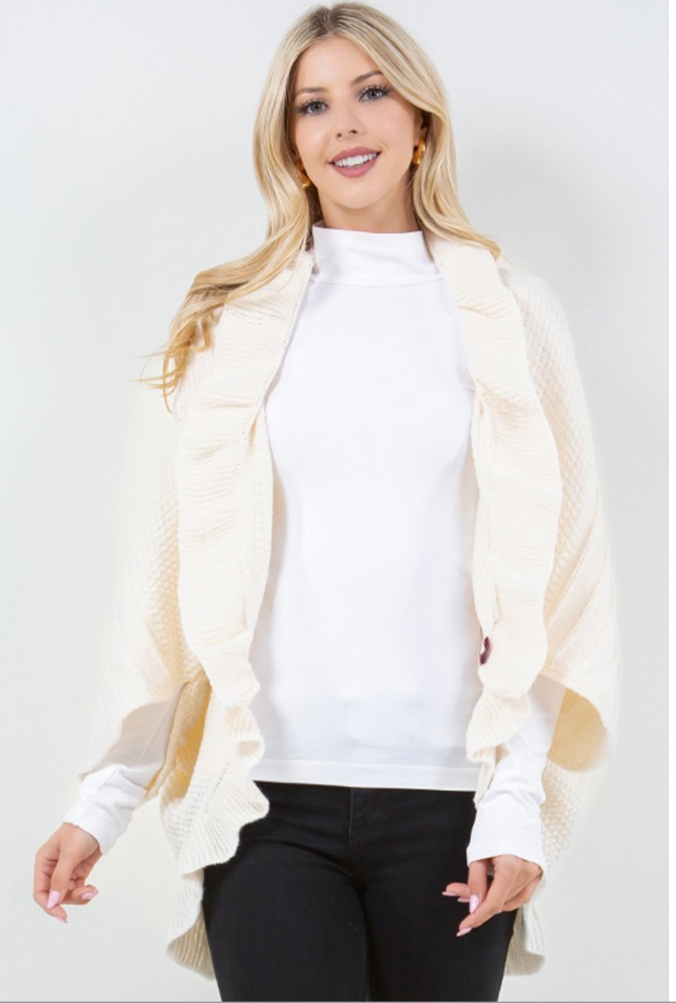 OPEN FRONT RUFFLE WRAP SWEATER