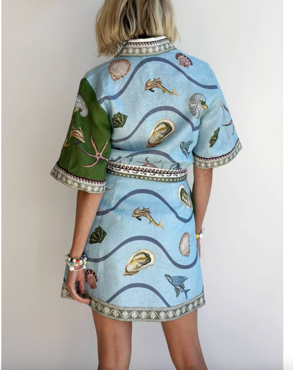 ELEGANT OCEAN PRINT BELTED DRESS