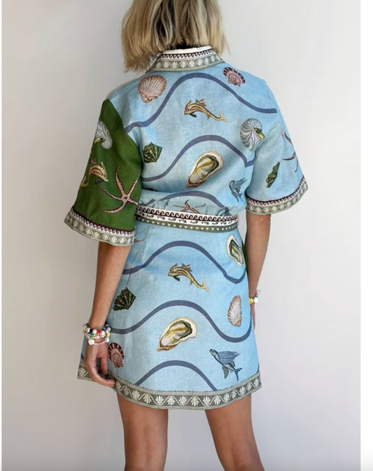 ELEGANT OCEAN PRINT BELTED DRESS